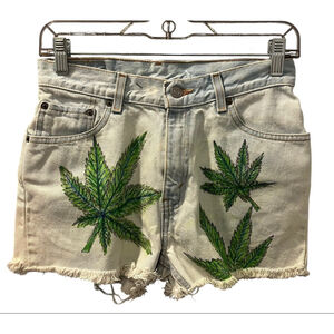 Vintage 2002 Levi's 517 Custom Hemp Leaf Blue Denim Shorts Size 16 Y2K Festival